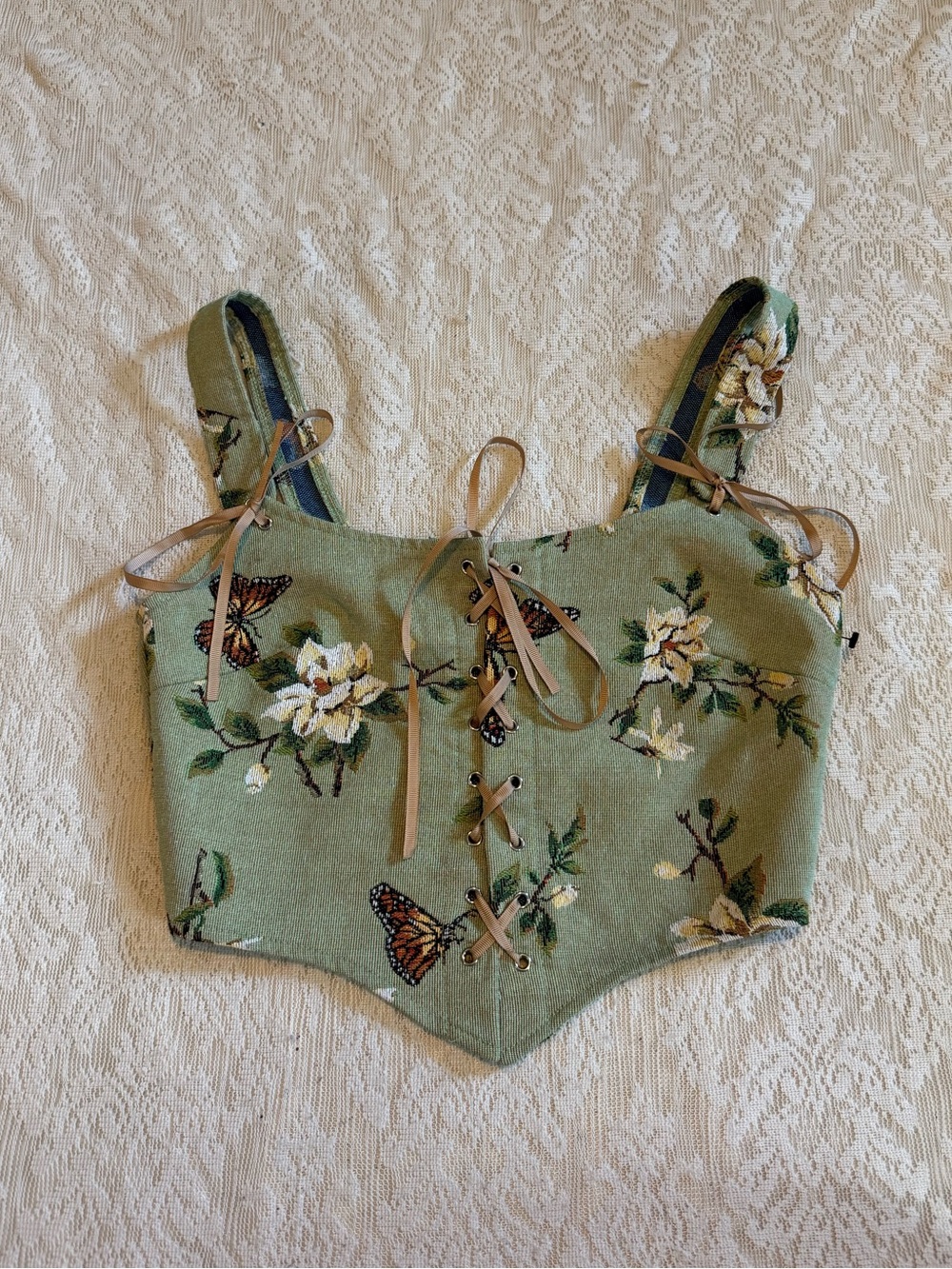 Up and Down butterfly garden tapestry crop corset top